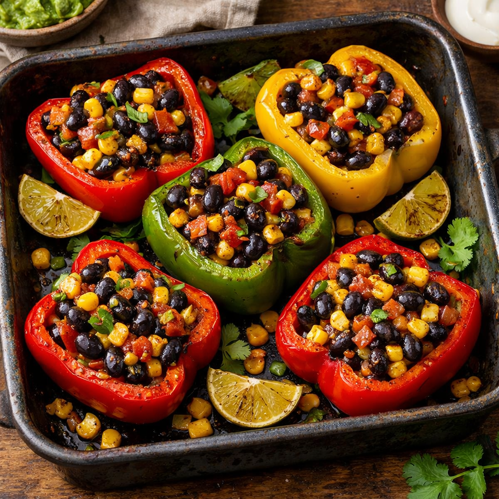 Stuffed bell peppers filled with black beans and corn on a baking tray