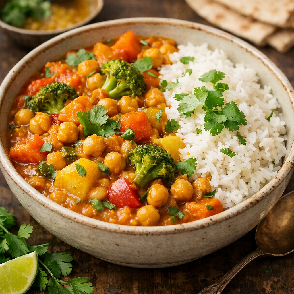 A bowl of vegetable and chickpea curry with rice garnished with cilantro.