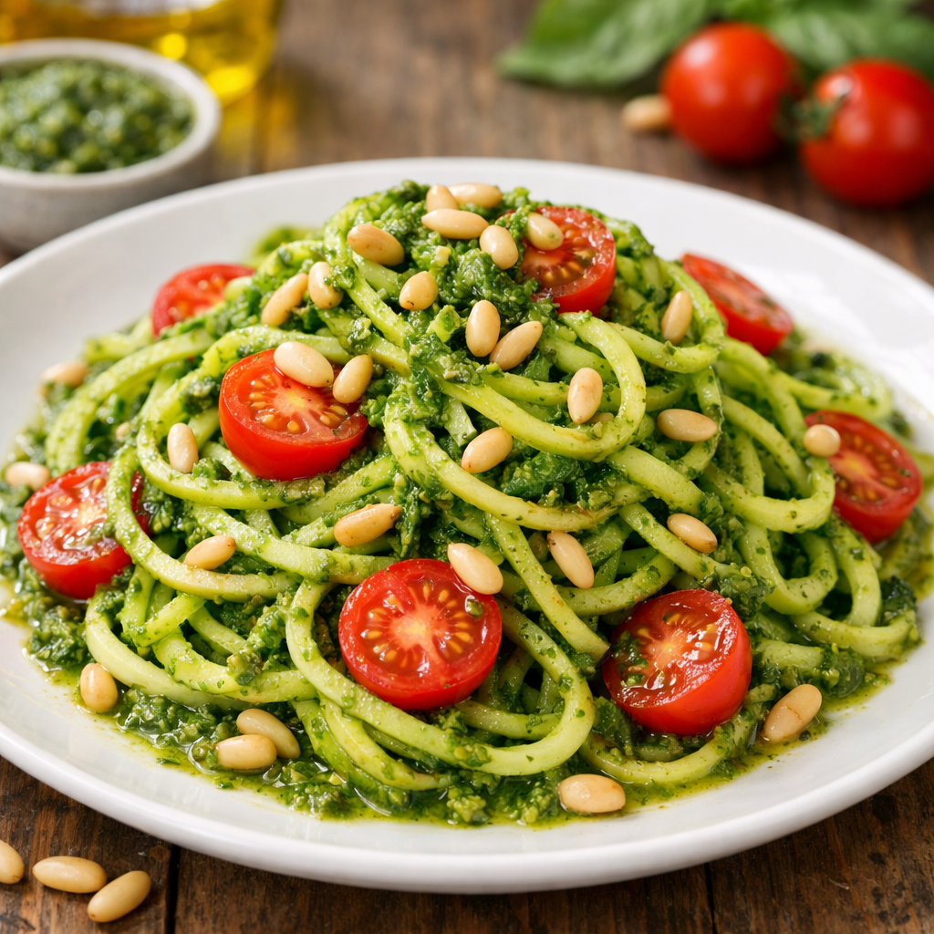 Plate of zucchini noodles tossed with pesto and cherry tomatoes