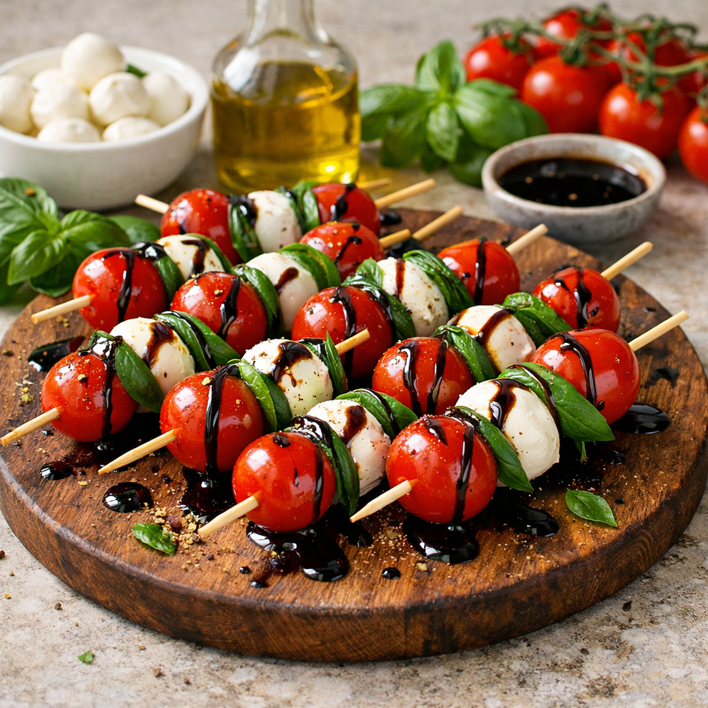 Caprese skewers with cherry tomatoes, mozzarella balls, and basil drizzled with balsamic glaze on a wooden platter.