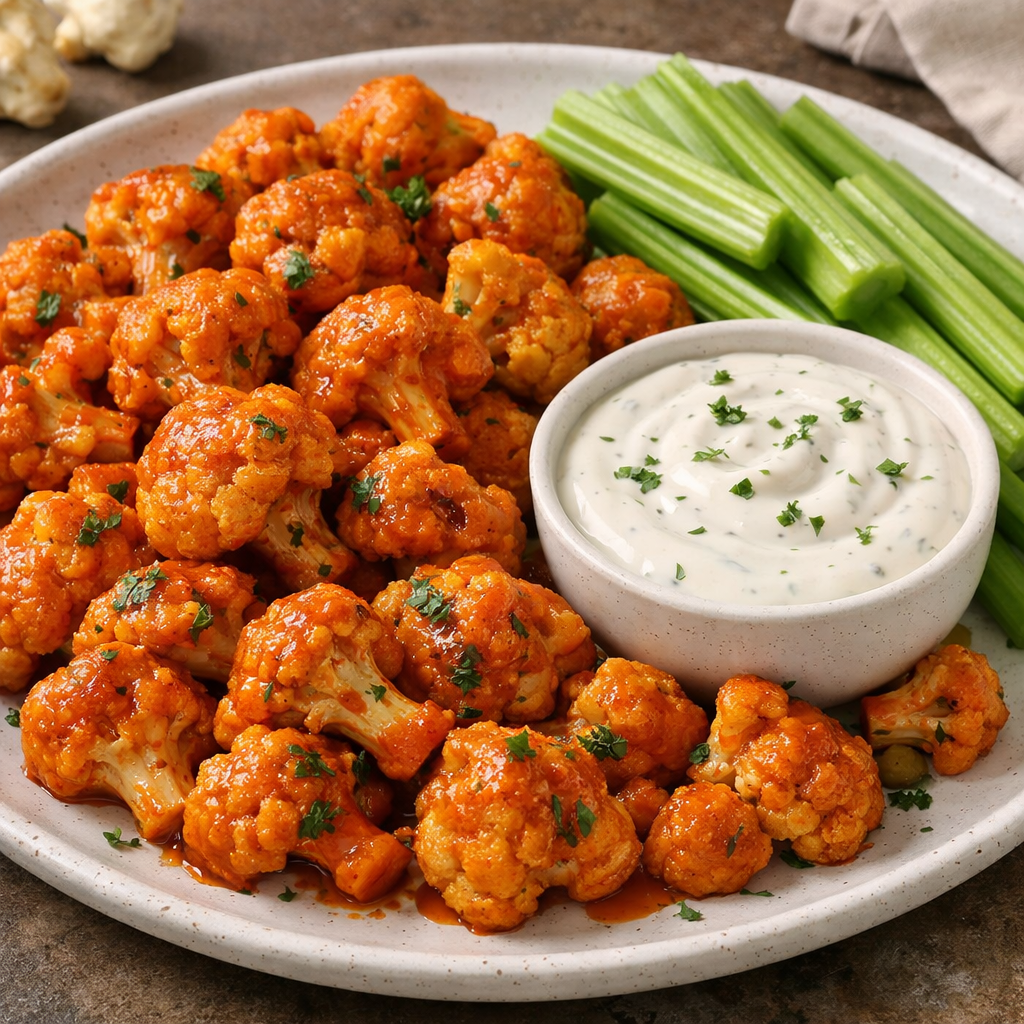 A platter of Cauliflower Buffalo Bites served with celery and dipping sauce.