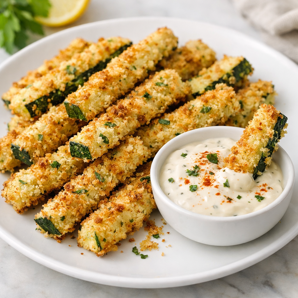 A plate of crispy baked zucchini fries served with a creamy dipping sauce.