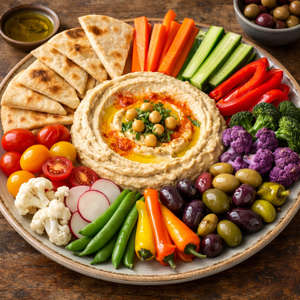 A vibrant Mediterranean hummus platter with hummus surrounded by colorful fresh vegetables and pita bread.