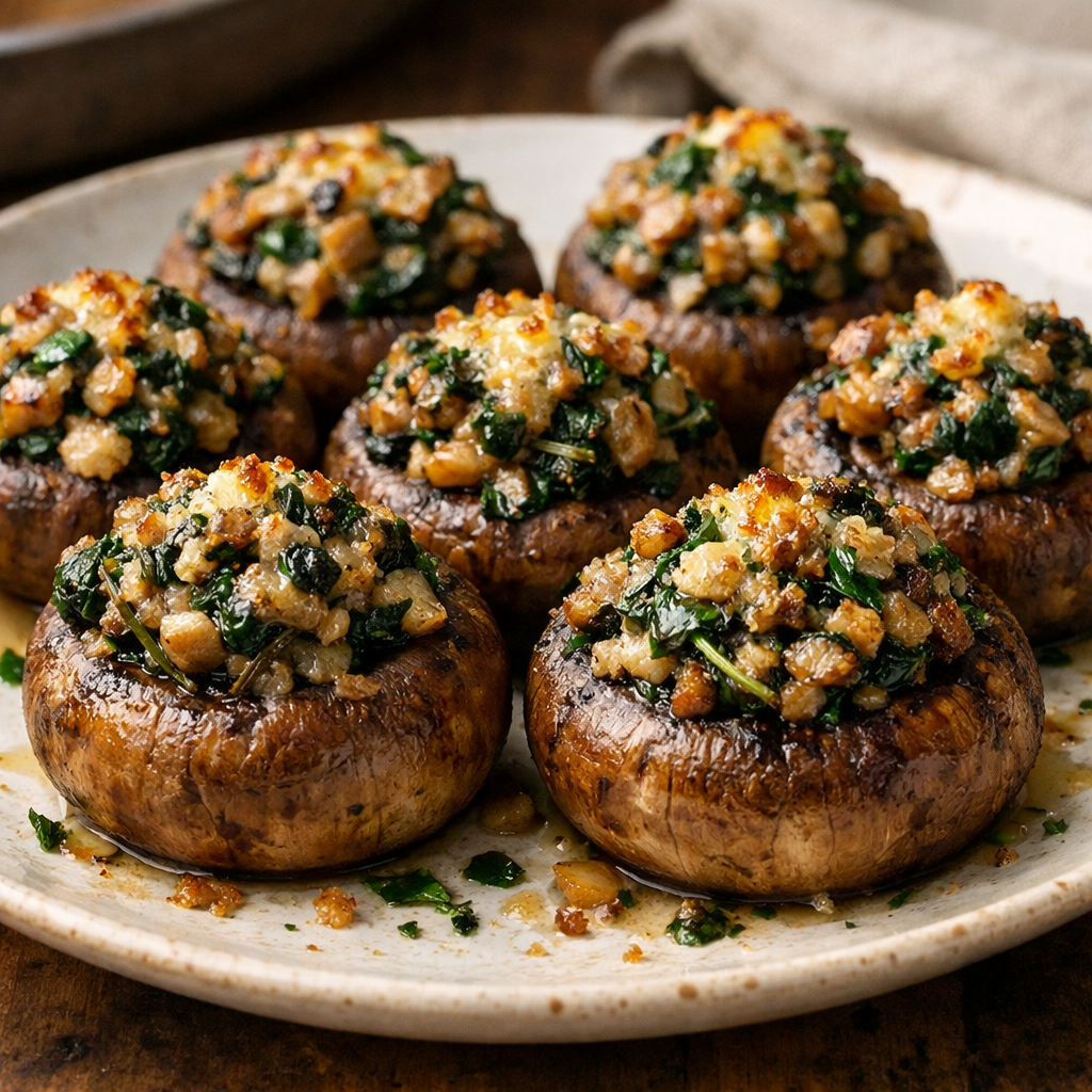 A platter of mushroom and spinach stuffed mushrooms topped with a golden brown crust, on a rustic wooden table.