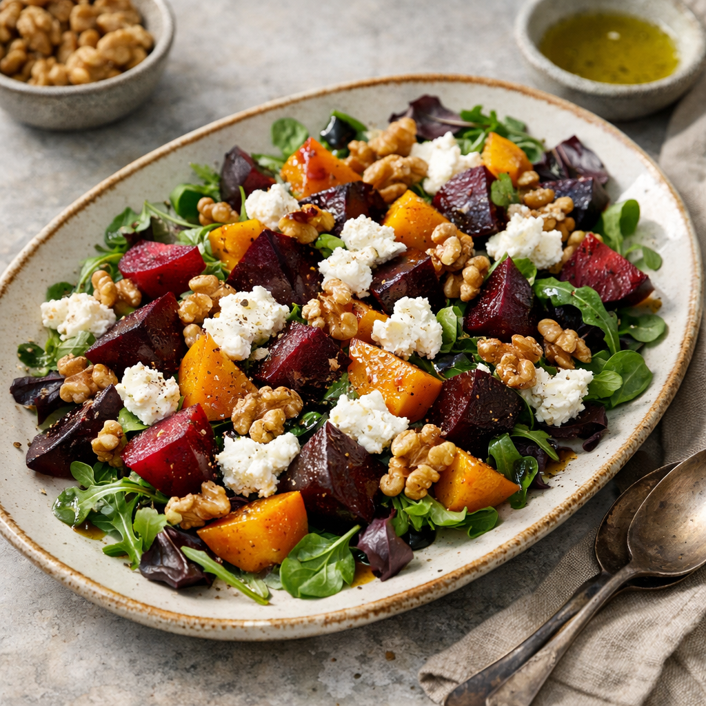 A vibrant salad featuring roasted beets, goat cheese, walnuts, and mixed greens.