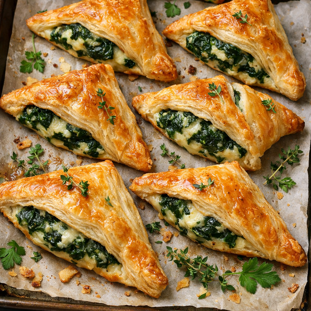 Golden-brown spinach and cheese puff pastries arranged on a baking sheet.