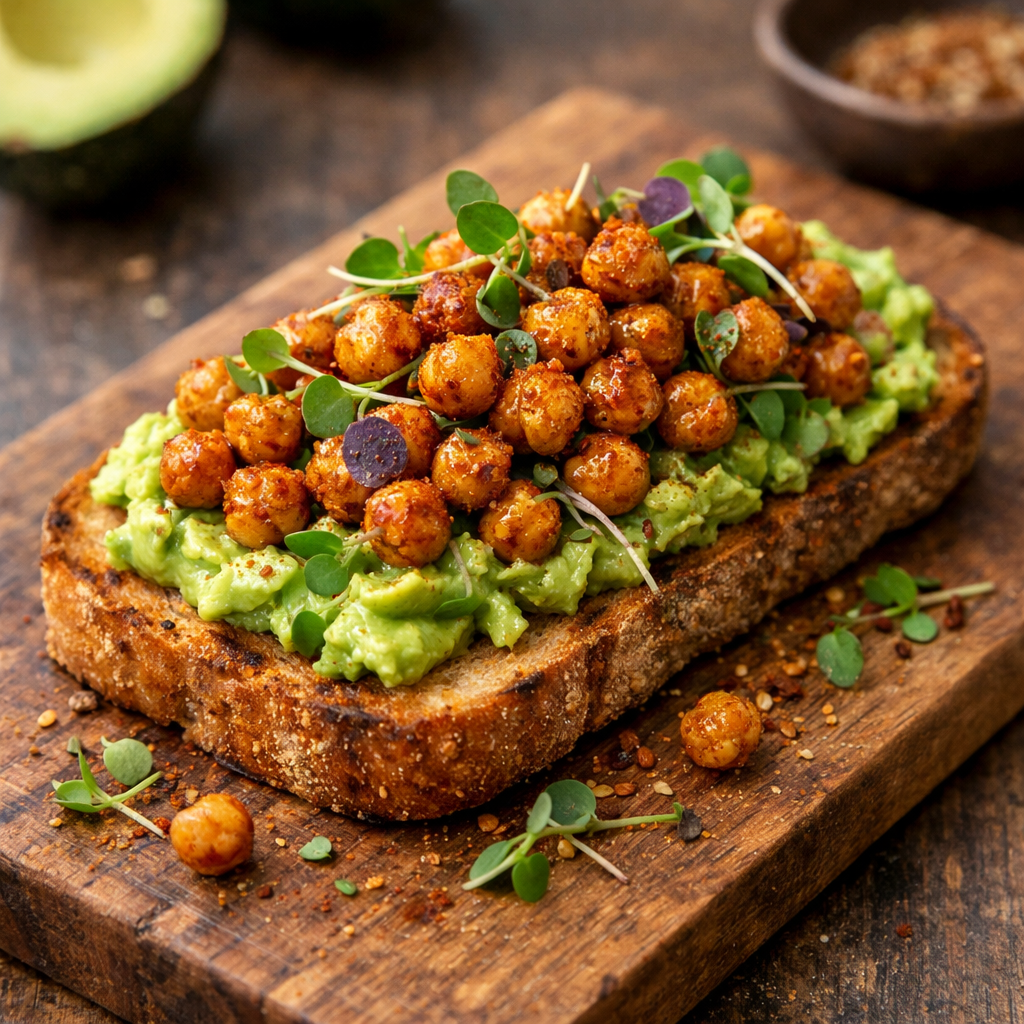 Delicious spiced chickpea and avocado toast on rustic wooden board