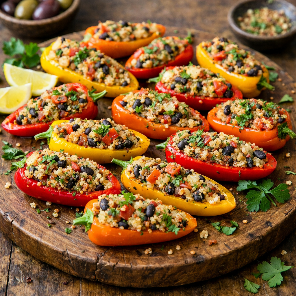 A wooden platter filled with colorful stuffed mini peppers filled with quinoa, beans, and fresh vegetables.