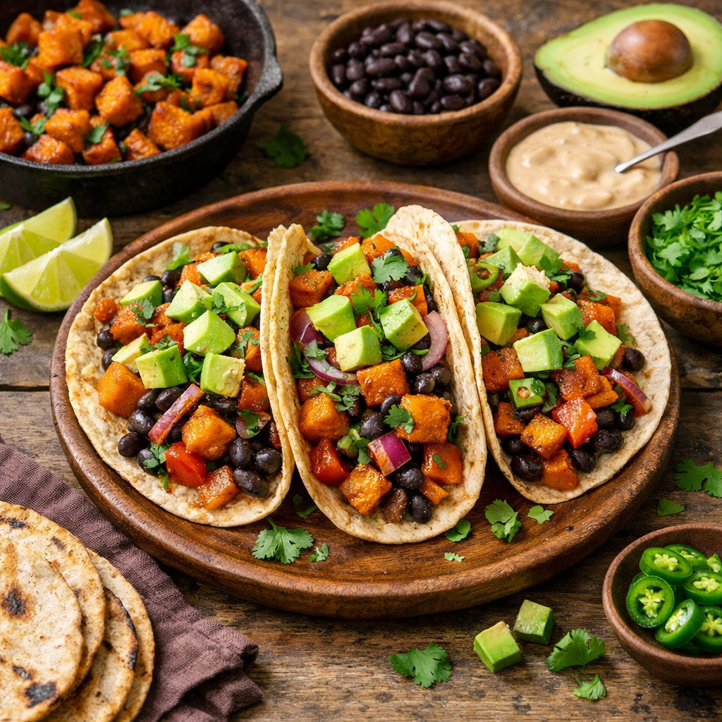 Delicious sweet potato and black bean tacos with toppings on a wooden plate.
