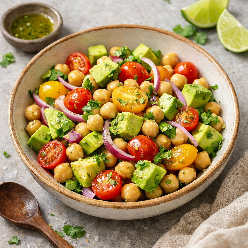 A colorful bowl of chickpea and avocado salad with cherry tomatoes and cilantro.