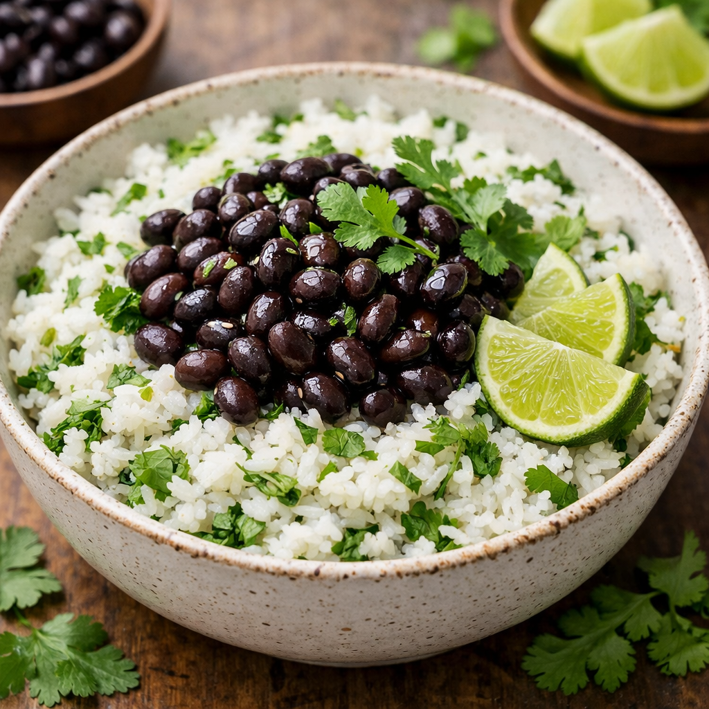 A bowl of cilantro lime rice topped with black beans and garnished with lime wedges.