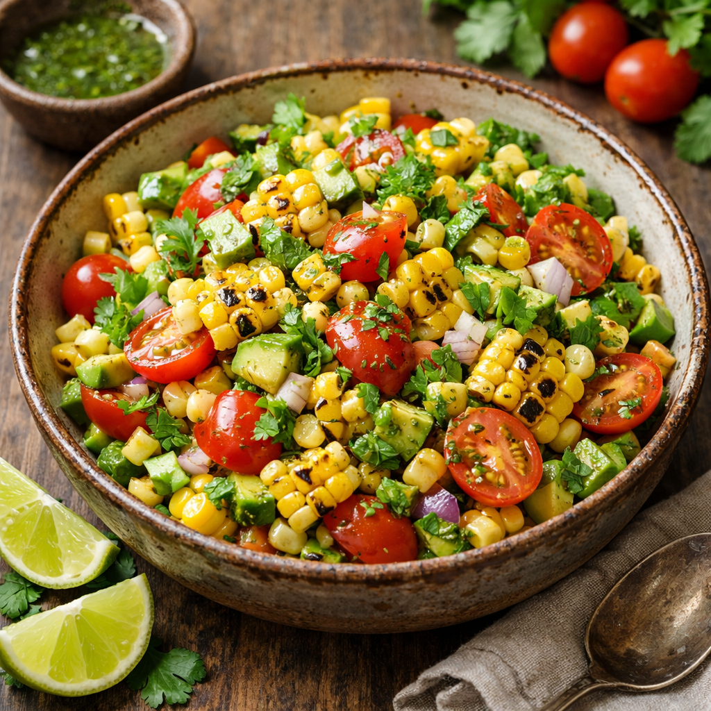Delicious grilled corn and tomato salad in a bowl with fresh ingredients.
