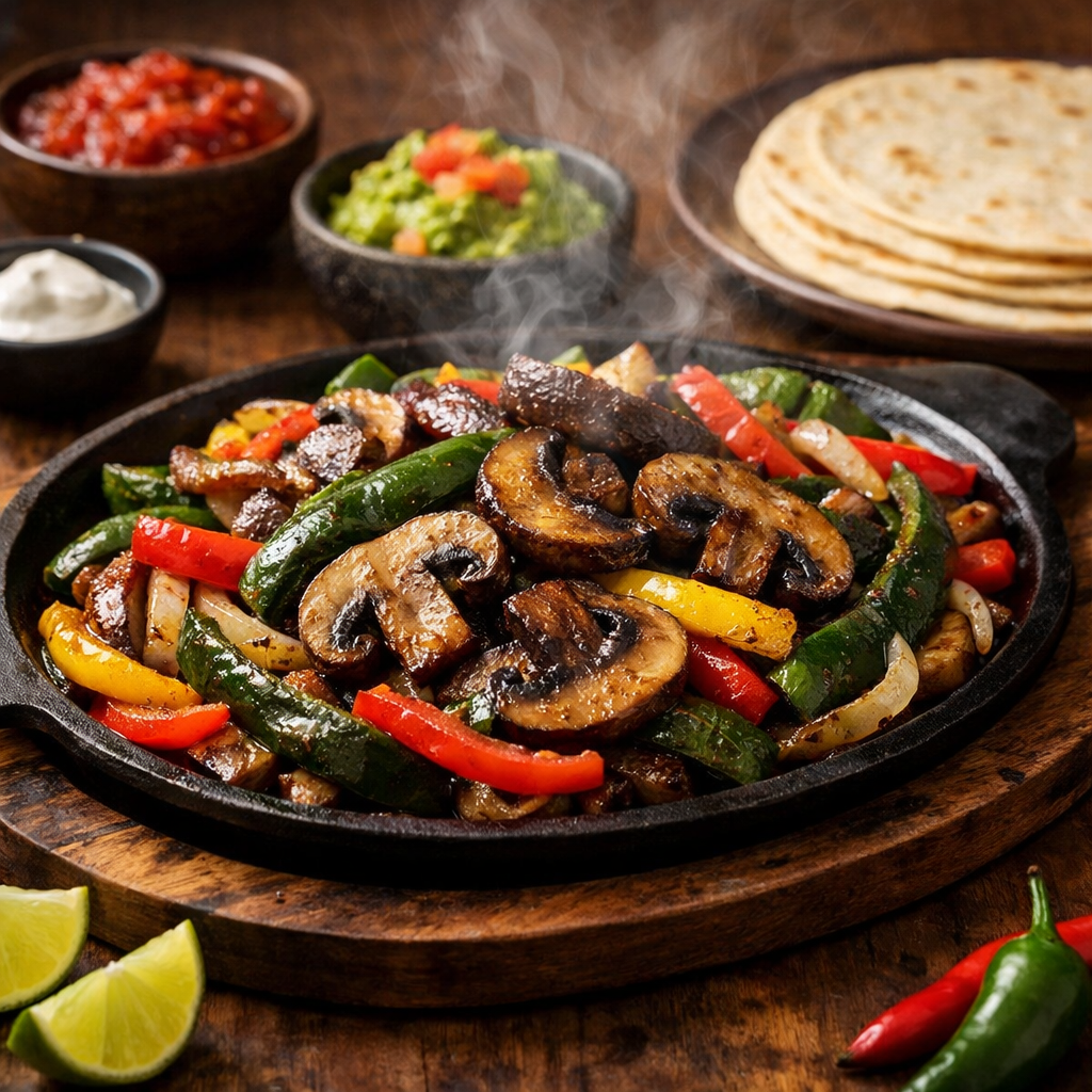 A platter of sizzling mushroom and poblano fajitas with colorful peppers and optional toppings.
