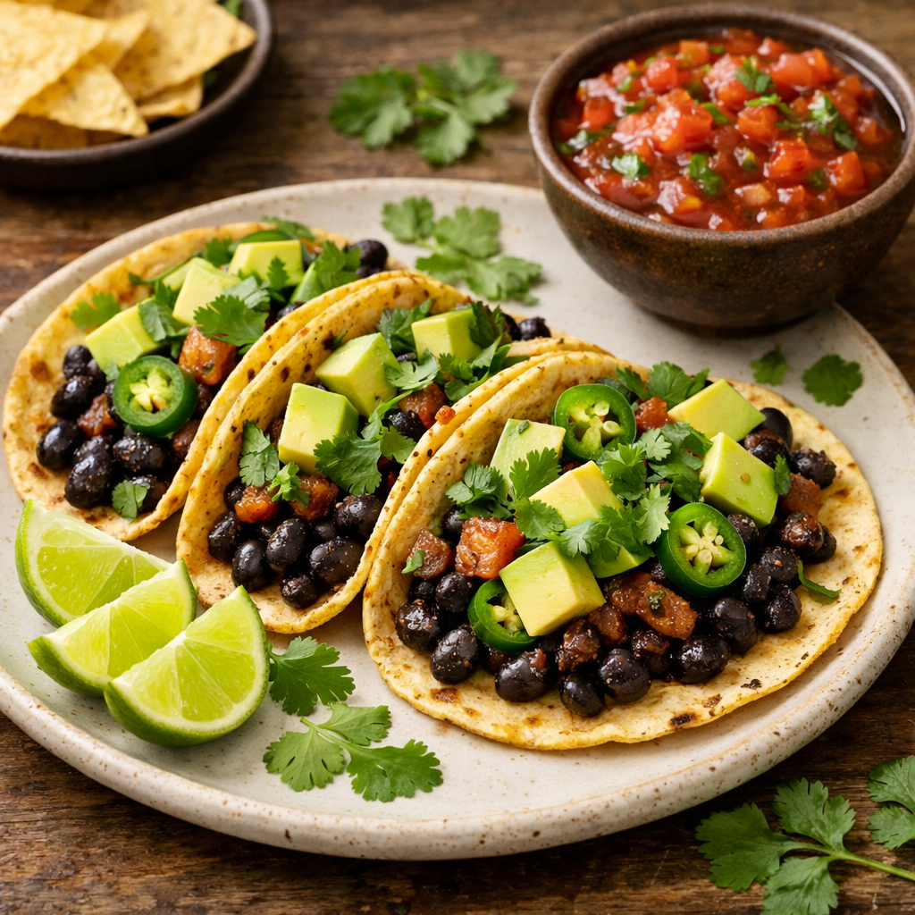Delicious Spicy Black Bean Tacos with toppings and lime on the side.