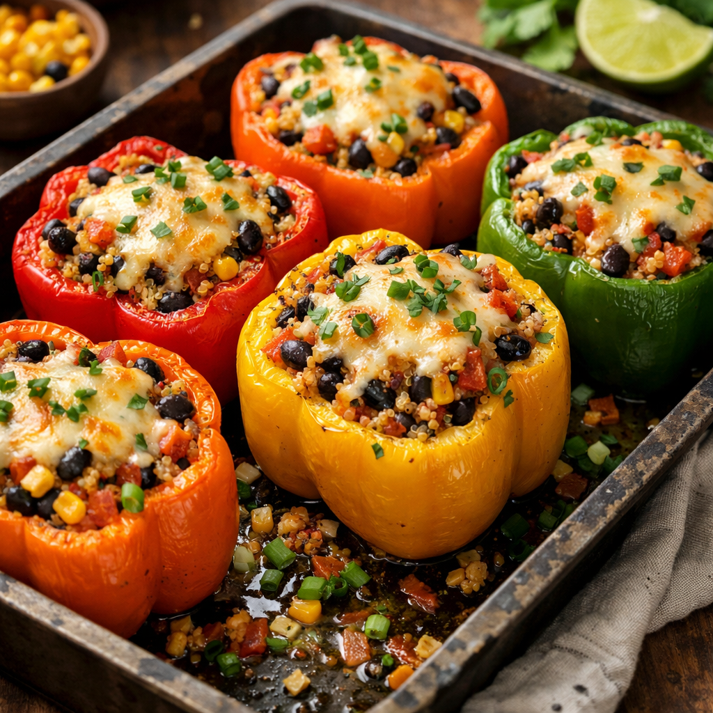 Stuffed bell peppers filled with quinoa, black beans, corn, and topped with cheese.