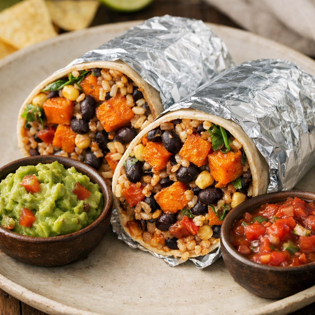 Delicious Sweet Potato and Black Bean Burritos with guacamole and salsa