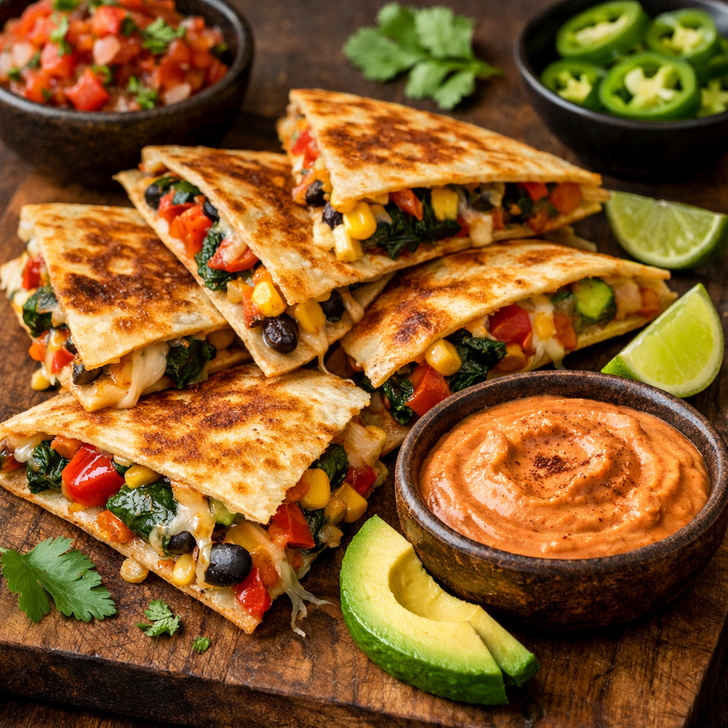 Delicious vegetable quesadillas served with chipotle sauce, fresh avocado, and lime.