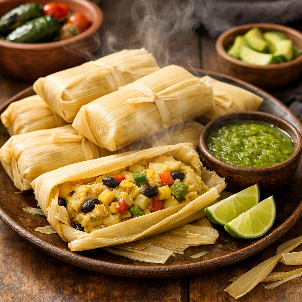Vegetarian tamales with green sauce, displayed beautifully on a plate with lime wedges.