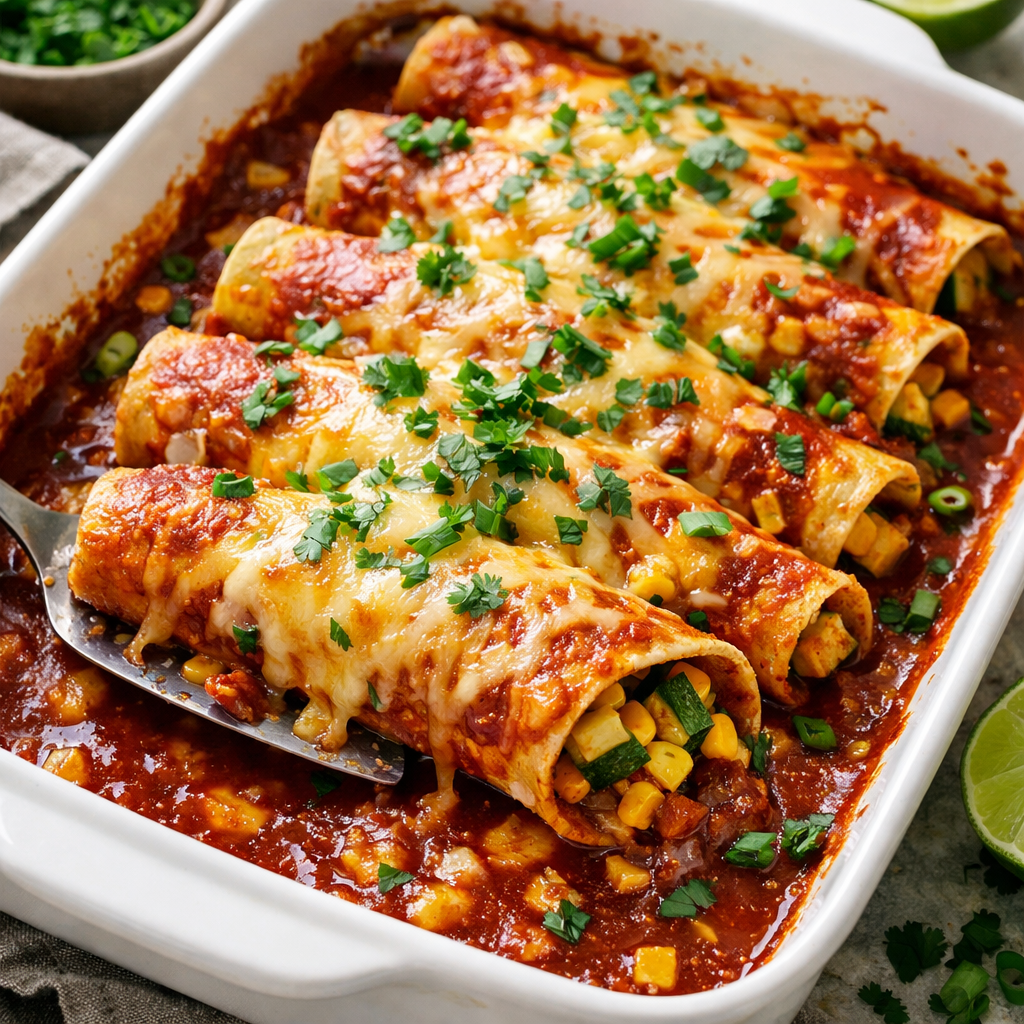 A plate of Zucchini and Corn Enchiladas garnished with cilantro and served in a baking dish.