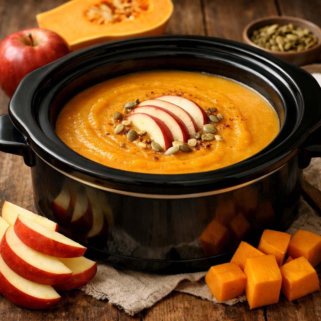 Cozy butternut squash and apple soup in a slow cooker with apple slices and pumpkin seeds on top.