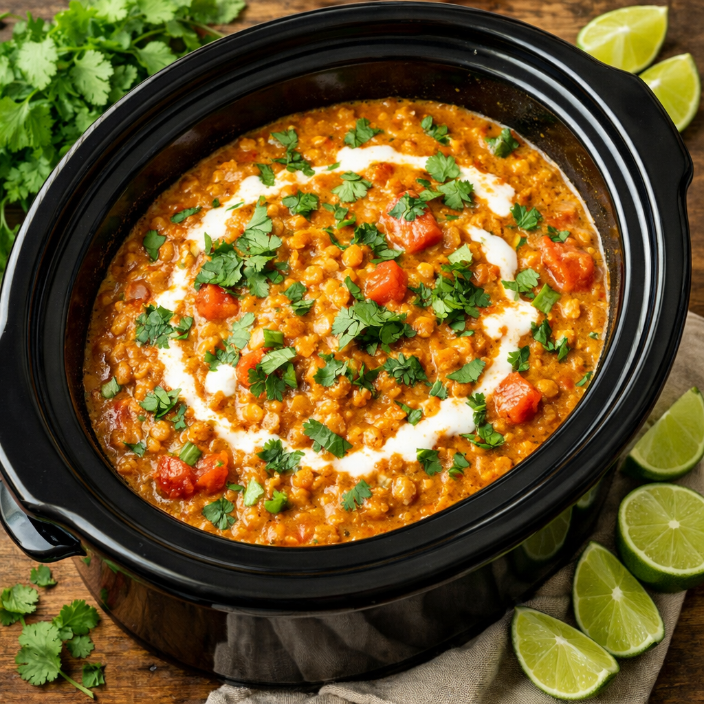 A bowl of Coconut Curry Lentils garnished with cilantro and served with lime wedges