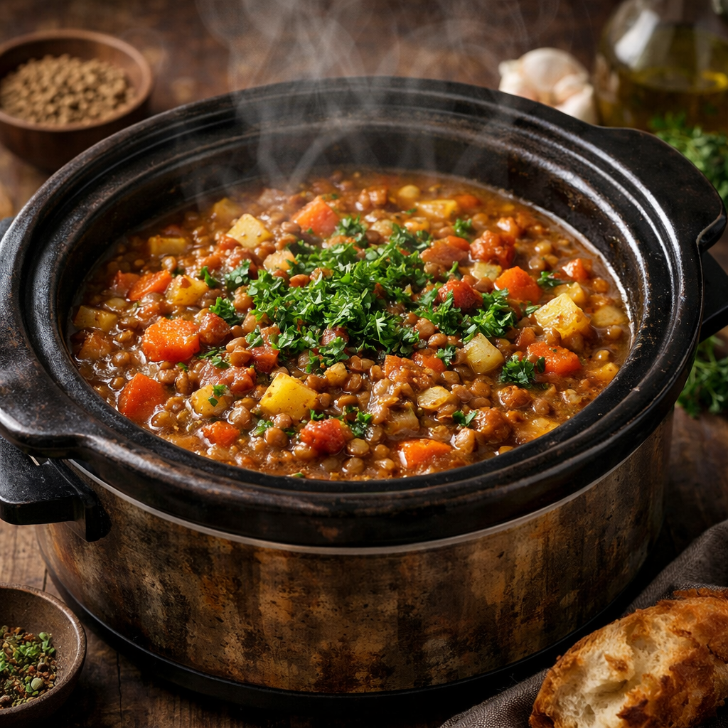 A steaming pot of hearty lentil and vegetable stew with fresh parsley on top