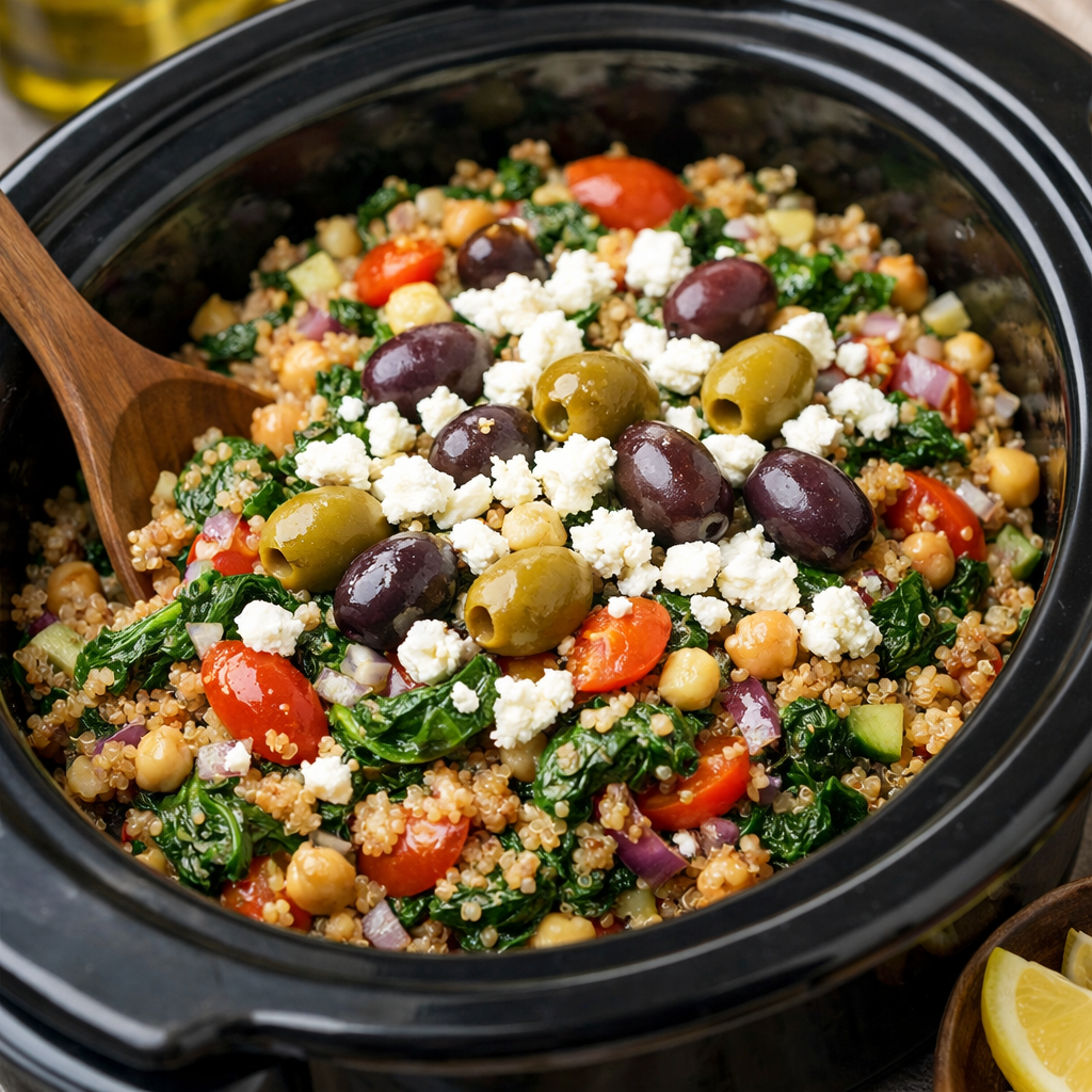 A slow cooker filled with Mediterranean quinoa and spinach, featuring colorful veggies, olives, and feta cheese.