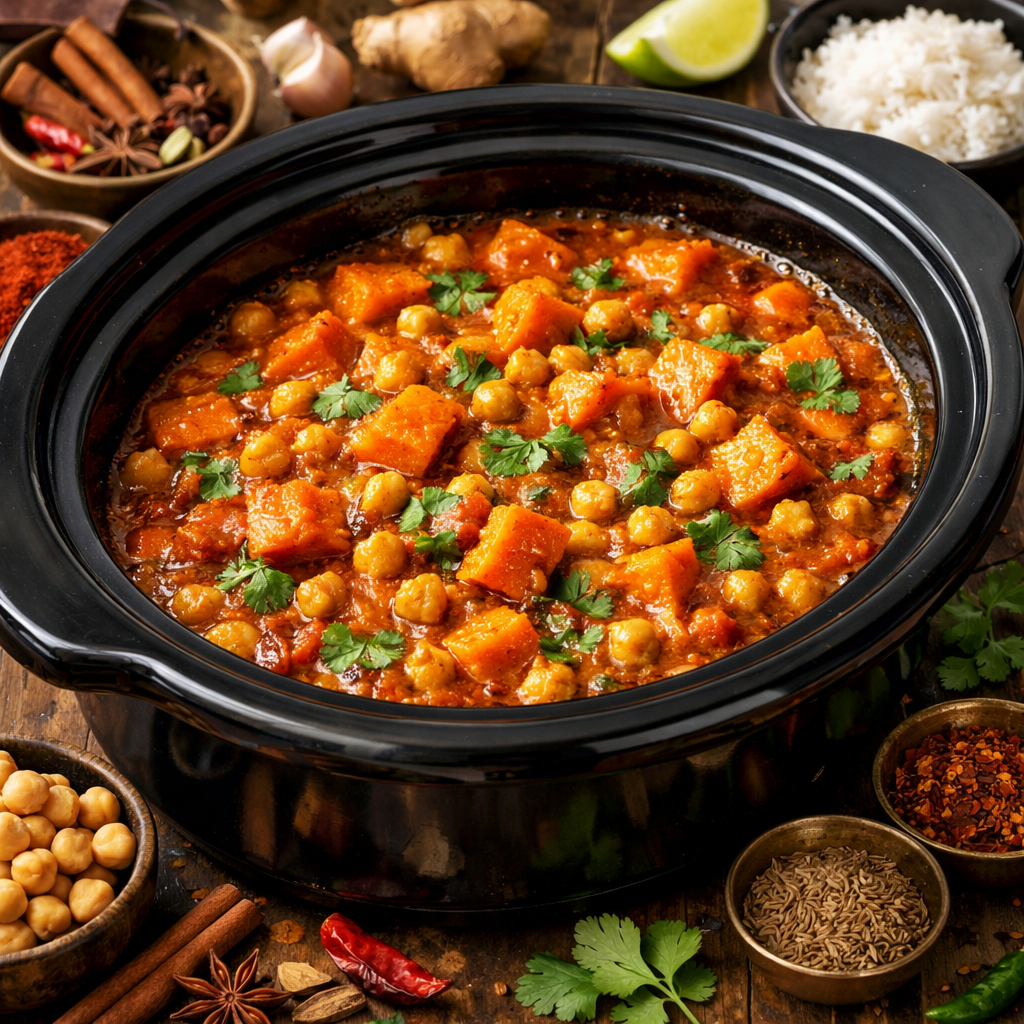 A black slow cooker filled with spicy chickpea and sweet potato curry, garnished with cilantro, surrounded by spices and ingredients.
