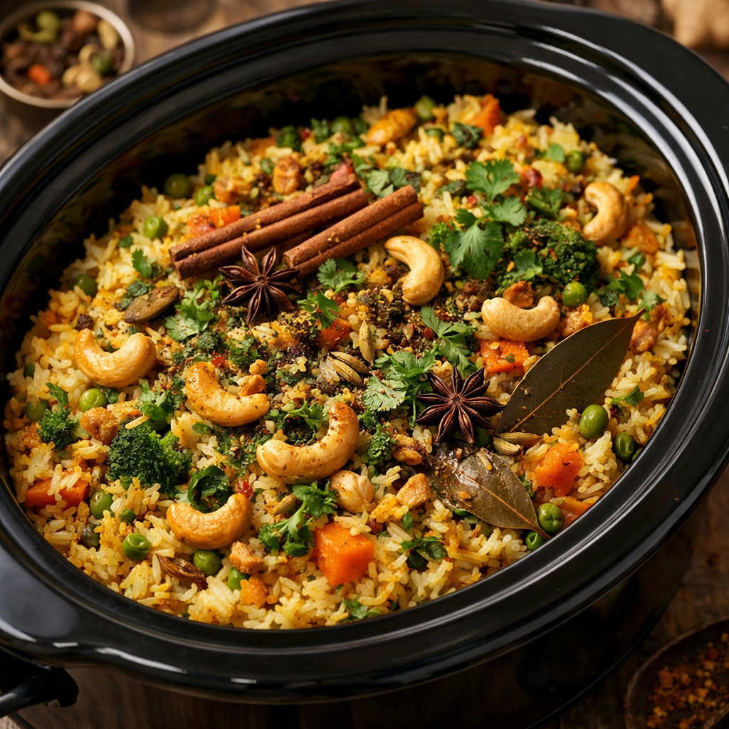 Vegetable Biryani with Cashews in a slow cooker, featuring colorful vegetables, rice, and spices.