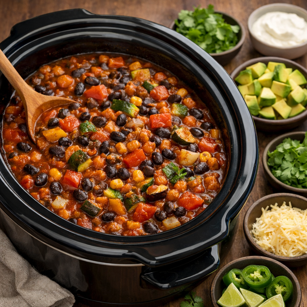 A slow cooker filled with vegetable chili, topped with fresh ingredients and garnishes on the side.