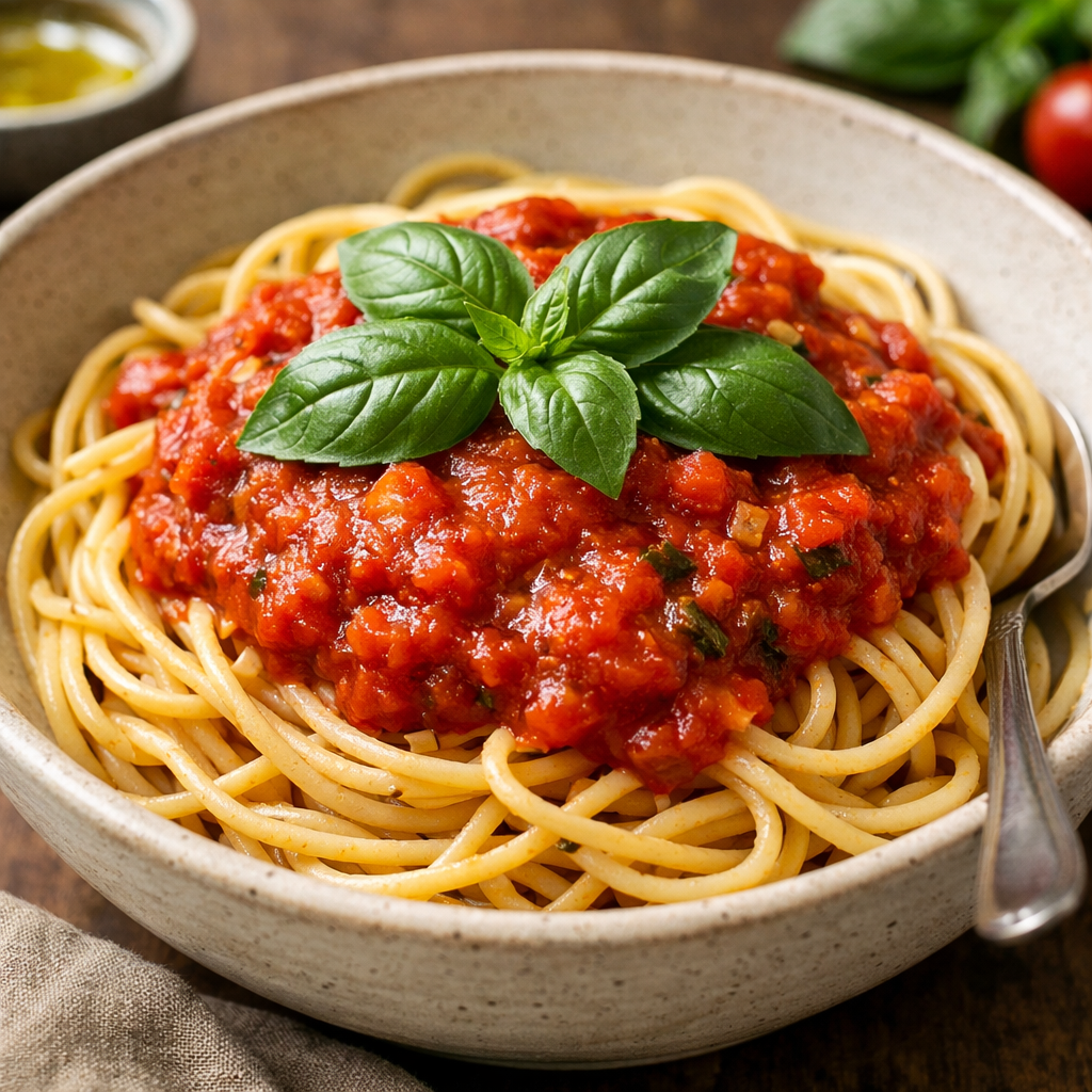 Chickpea spaghetti topped with tomato basil sauce and fresh basil leaves