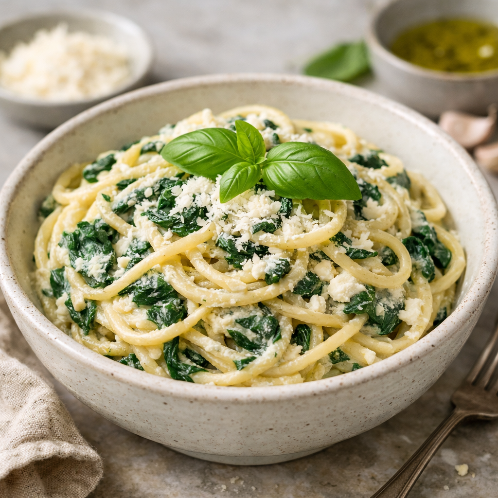 A bowl of creamy spinach and ricotta spaghetti topped with fresh basil and grated cheese.