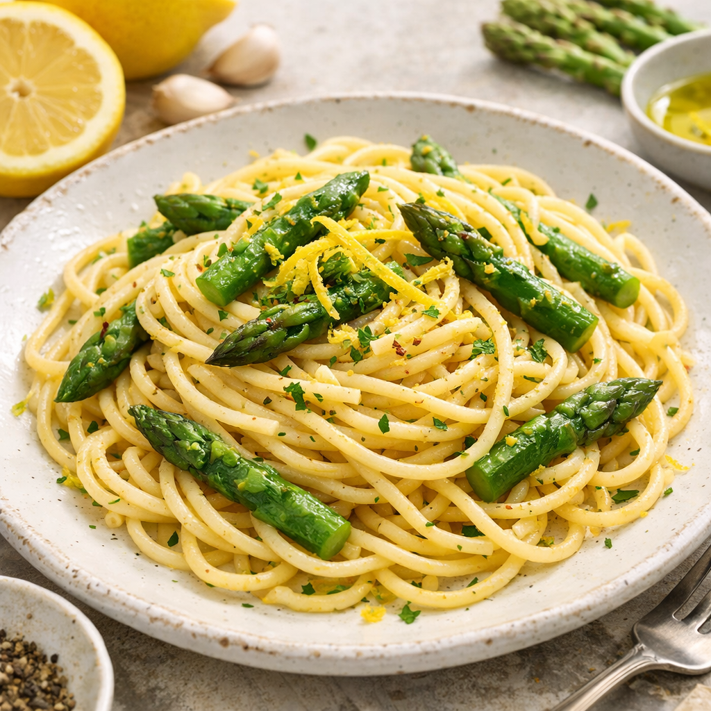 A plate of Lemon Garlic Spaghetti with Asparagus, garnished with lemon zest and parsley.