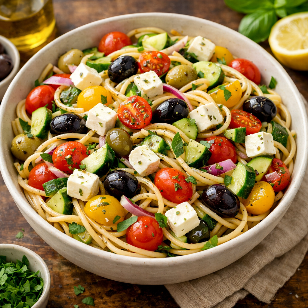 A colorful Mediterranean spaghetti salad with tomatoes, cucumbers, olives, and feta cheese.