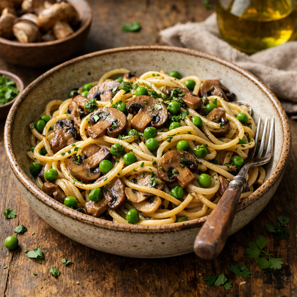 A dish of spaghetti mixed with mushrooms and peas, garnished with fresh herbs.