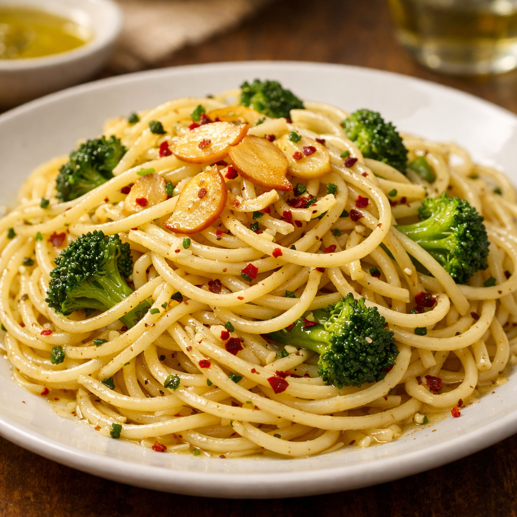 A bowl of spaghetti aglio e olio with broccoli, featuring garlic slices and red pepper flakes.
