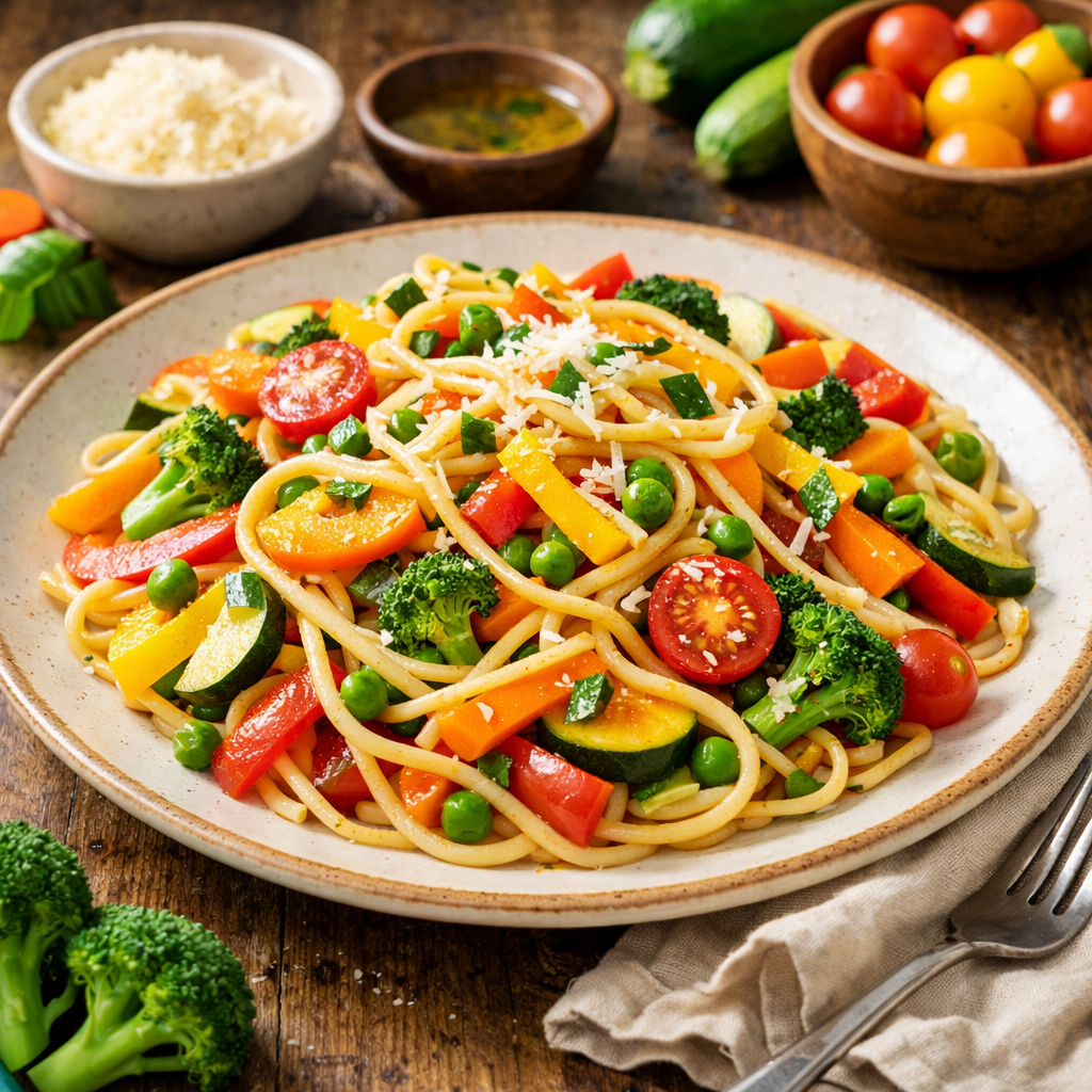 A colorful plate of spaghetti primavera with seasonal vegetables