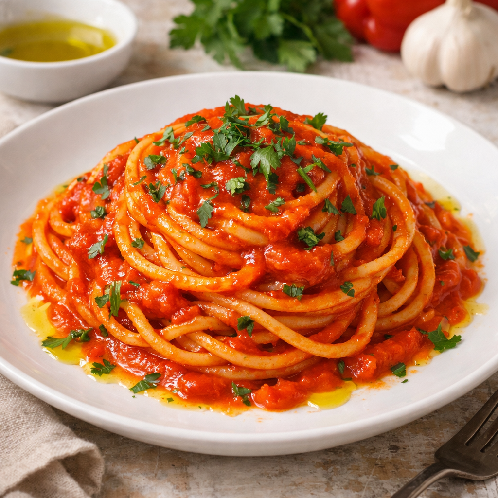 Plate of spaghetti topped with roasted red pepper sauce and fresh herbs.