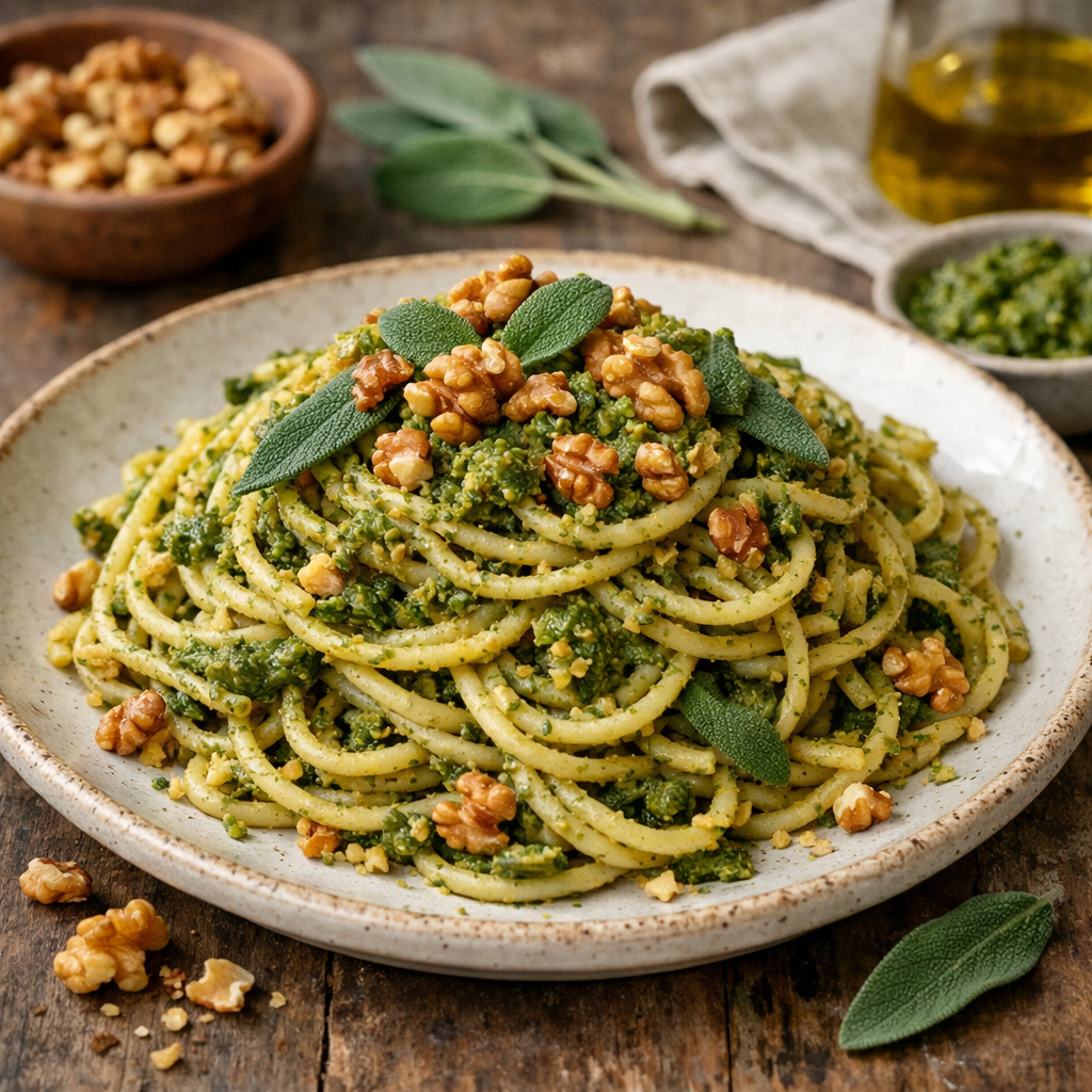 Spaghetti with walnut and sage pesto served in a plate, garnished with walnuts and sage leaves.