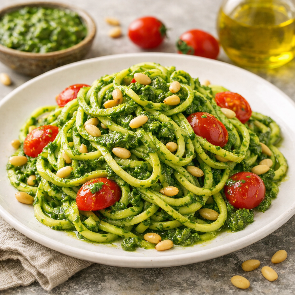 A plate of zucchini noodles topped with pesto, cherry tomatoes, and pine nuts.