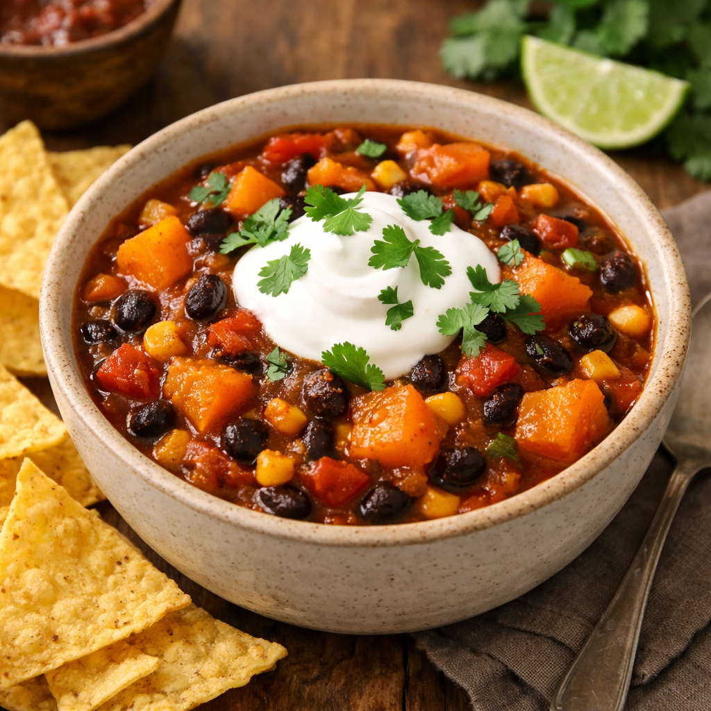 A delicious bowl of butternut squash and black bean chili topped with sour cream and cilantro, served with tortilla chips.