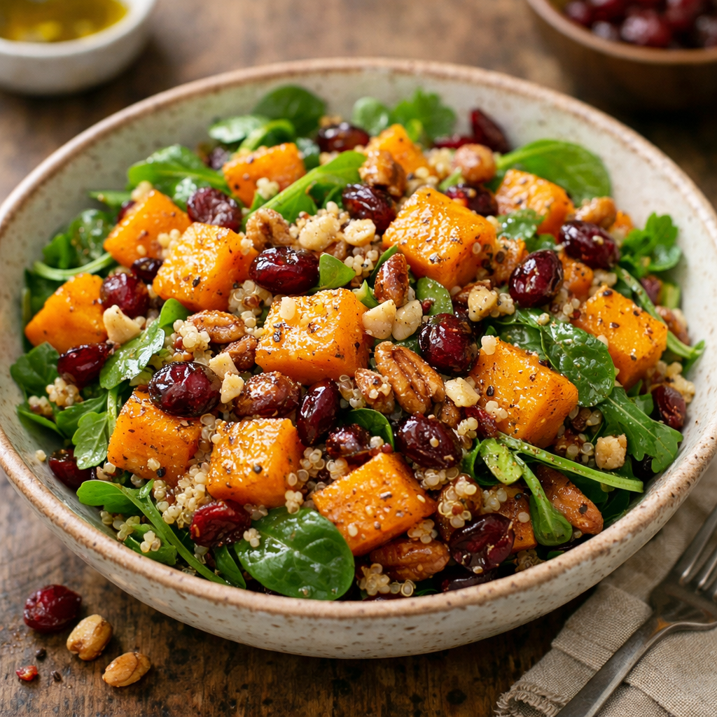 A bowl of butternut squash and quinoa salad with greens, nuts, and cranberries.