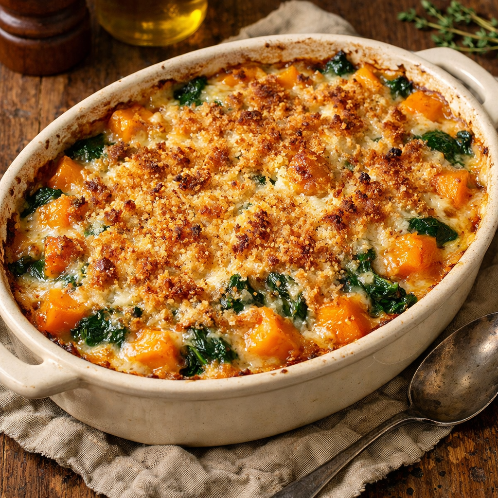 A deliciously baked butternut squash and spinach gratin dish, topped with crispy breadcrumbs.