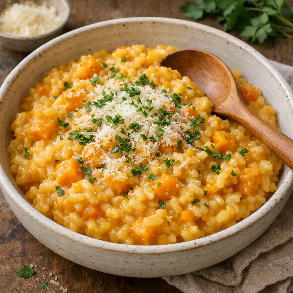 A warm bowl of butternut squash risotto topped with Parmesan cheese and parsley.