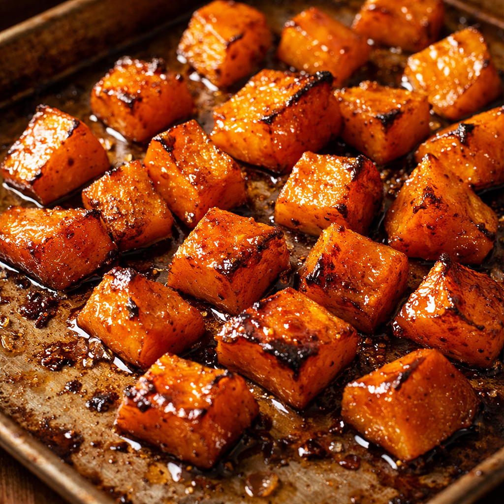 Honey-glazed roasted butternut squash cubes on a baking sheet