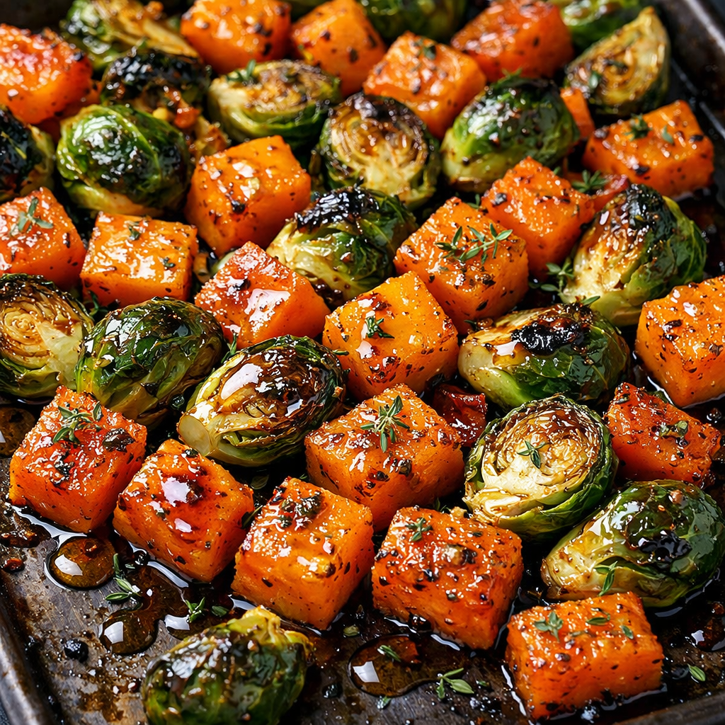 A tray of maple roasted butternut squash and Brussels sprouts seasoned and ready to serve.