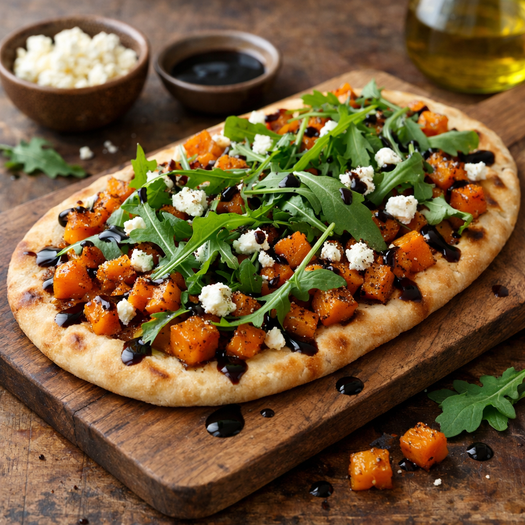 Delicious roasted butternut squash and feta flatbread topped with arugula and balsamic glaze.