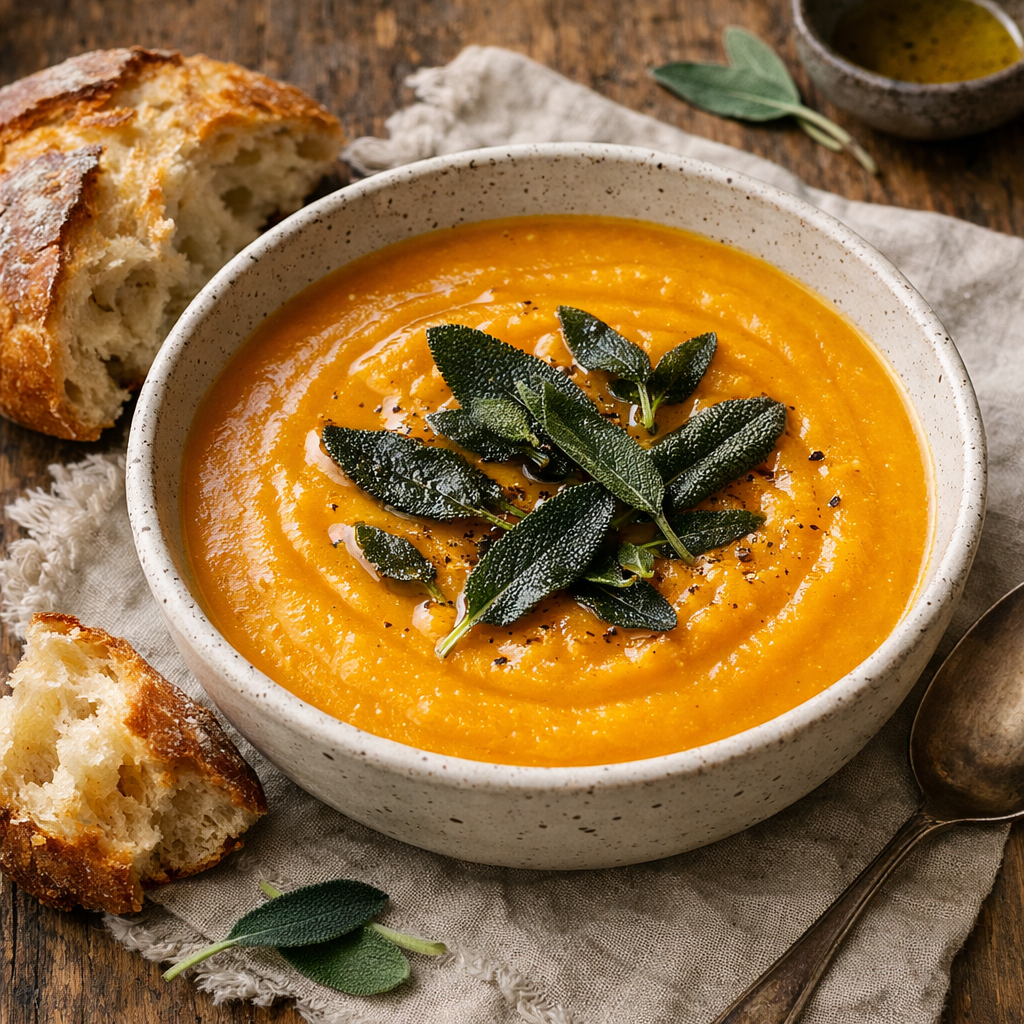A bowl of creamy butternut squash soup garnished with fresh sage leaves, accompanied by a piece of bread.