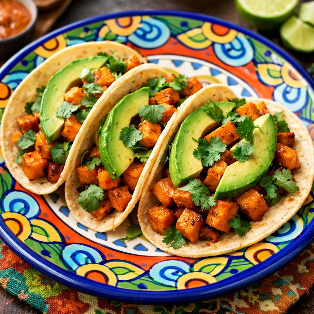 Spicy roasted butternut squash tacos on a colorful plate with avocado and cilantro