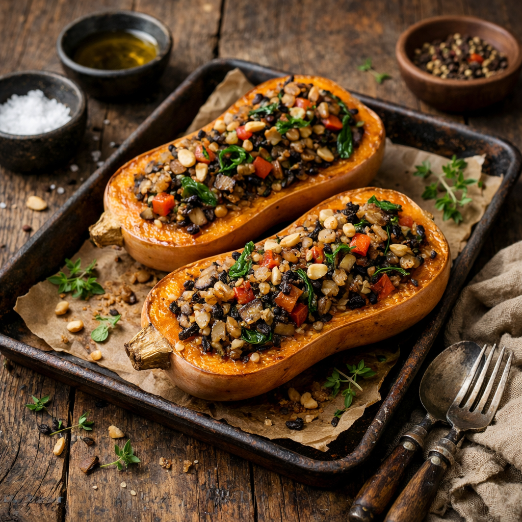 Two halves of roasted butternut squash filled with wild rice, vegetables, and nuts on a baking tray.